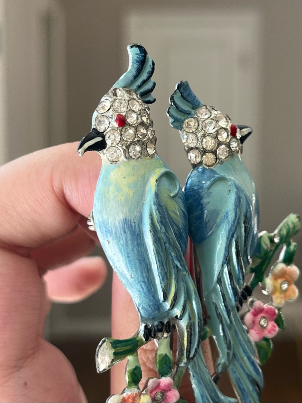 Vintage Coro Book Piece Parrot Duette Love Birds Blue Enamel Brooch Fur Clip Pin - Picture 2 of 13
